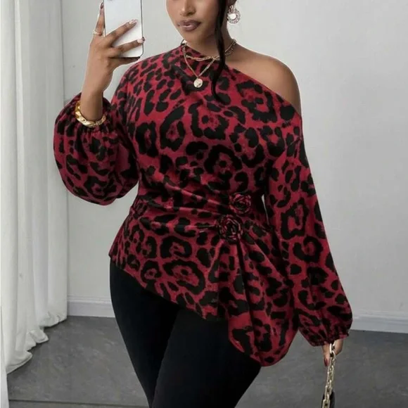 Plus Size Asymmetrical Off Shoulder Top Blouse Shirt Pink - Picture 11 of 16